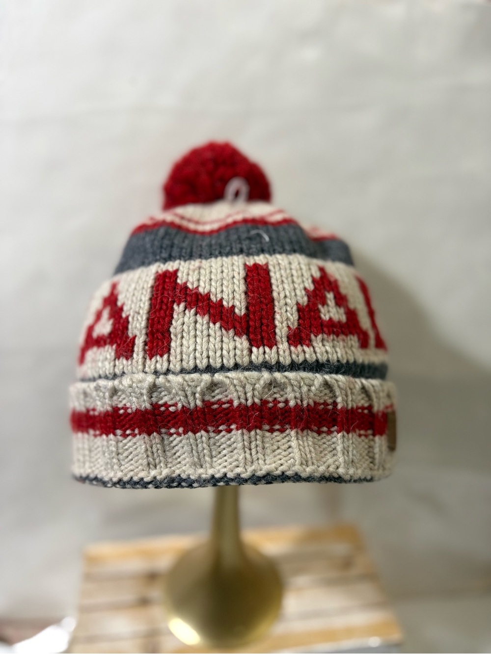 Canada wind river Red and Cream Knit Pom Pom Beanie Hat